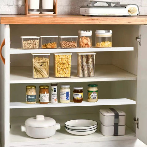 Adjustable Heavy Duty Metal Tension Closet Shelf Organizer Expandable Locker Shelf For Cabinets Wardrobes Cupboards Kitchen Bathroom Laundry Room Large One Pack in kitchen cabinet with jars and utensils.