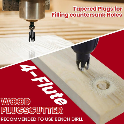 Hella Tough Fifteen Piece Hss Countersink Drill Bit Set For Wood featuring 4-flute plug cutter making tapered plugs for recesses.