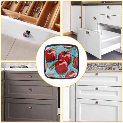 Red Fruit Glass Cabinet Knobs Set Of Four Featuring Bold Square Shapes And Smooth Edges Ideal For Kitchen Drawers And Dressers in real home settings.