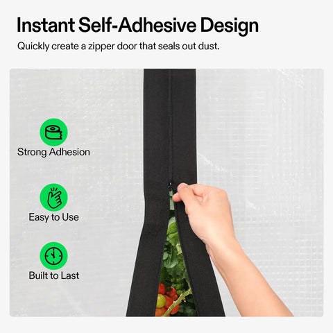 Hand using Pro Grade Heavy Duty Self Adhesive Zipper Door for Debris Barriers 3 Inch by 7 Foot on tarp with vegetables inside