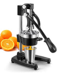Heavy Duty Cast Iron Manual Citrus Juicer Press, Giant Orange Squeezer handles oranges with stainless steel cup.