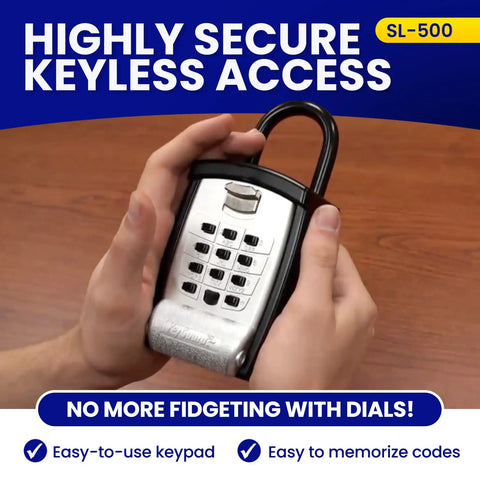 Super Handy Outdoor Key Lock Box With Digital Push Button Keypad For Outside Use Portable Shackle Safe Box in hands close-up.