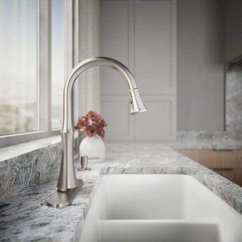 Kaori Single Handle Kitchen Faucet With Pull Down Sprayer And Soap Dispenser In Vibrant Stainless Finish in modern kitchen
