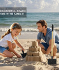 Father and daughter using Two Pack Kids Beach Shovels For Sand Digging, Lightweight Metal Spade Garden Tools For Boys And Girls