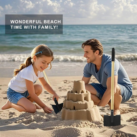 Father and daughter using Two Pack Kids Beach Shovels For Sand Digging, Lightweight Metal Spade Garden Tools For Boys And Girls