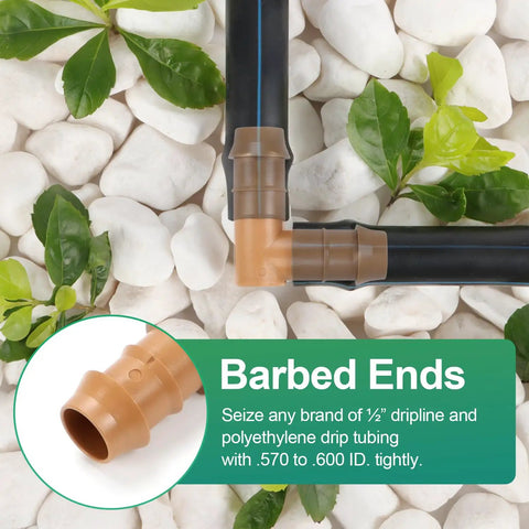 30 Pack Half Inch Drip Irrigation Elbow Fittings Barbed Connectors for Five Eighth Inch and 0.700 Inch Tubing on white stones
