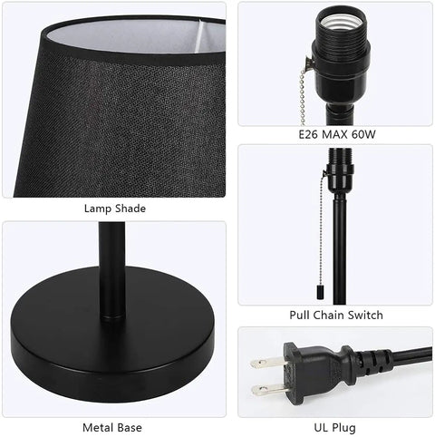 Modern Black Bedside Lamps Two Pack for Bedroom and Living Room With Pull Chain Switch, showing lamp details and UL plug