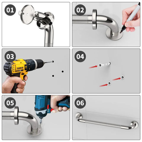 Installation steps for 2 Pack 24 Inch Anti Slip Shower Grab Bars Knurled Stainless Steel Chrome Hand Rail For Bathroom Safety And Senior Support Durable Handicap Bath Handles 1.25 Inch Diameter Easy Install