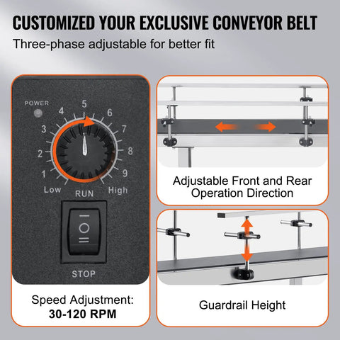 Beefy Motorized Belt Conveyor Table 59 By 19.7 Inches With Stainless Steel Frame PVC Belt Anti Static adjustable speed settings and guardrail height shown