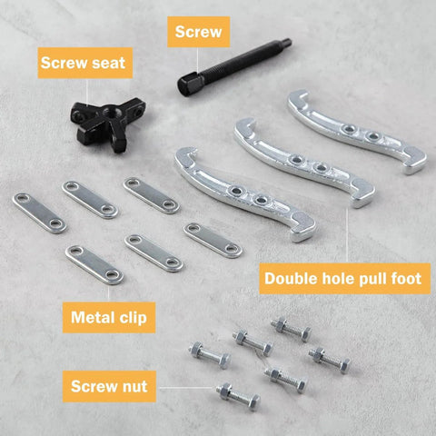 Beefy 3 Jaw Gear Puller Removal Tool Kit components including double hole pull foot, screw, and metal clip, heavy duty steel.