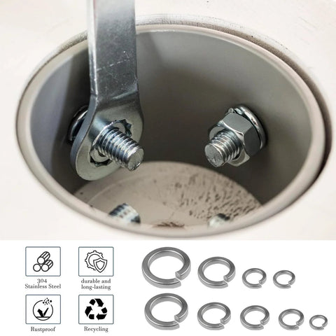 Assorted 304 stainless steel spring lock washers set; installed on bolts inside a round housing, M2–M12, 1100 pcs.
