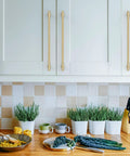 10 Pack Brushed Gold Cabinet Pulls Heavy Duty Kitchen Drawer Handles displayed on cabinets in a modern kitchen setting.