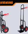 Heavy Duty Steel Hand Truck With Wheels Folding Utility Cart For Moving Furniture And Appliances Boxes And Warehouse Or Office Use Portable Dolly For Easy Transport And Back Saving Load Handling Workhorse, folded and extended