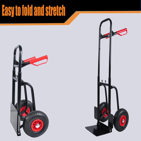 Heavy Duty Steel Hand Truck With Wheels Folding Utility Cart For Moving Furniture And Appliances Boxes And Warehouse Or Office Use Portable Dolly For Easy Transport And Back Saving Load Handling Workhorse, folded and extended