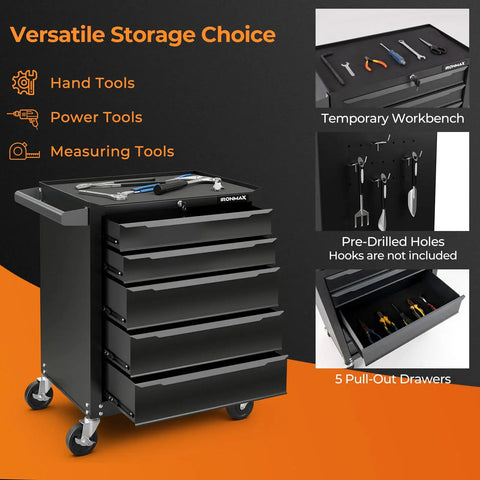 Badass Heavy Duty Steel Rolling Tool Chest With Five Ball Bearing Drawers Central Keyed Lock Solid Grip Handle Pegboard Slots And Smooth Glide Locking Casters For Garage Or Shop Setup