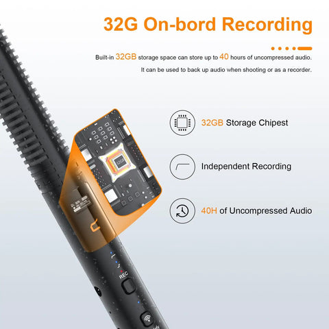 Close-up of VM40 Your Go-To Dual-Mode Shotgun Microphone with 32GB built-in storage and uncompressed audio features displayed.