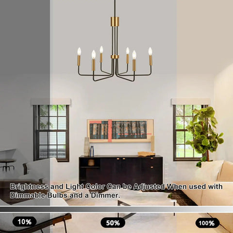 Black And Gold Modern Chandelier With Six Light Arms in a living room, brass accents, for farmhouse style decor, warm ambience.