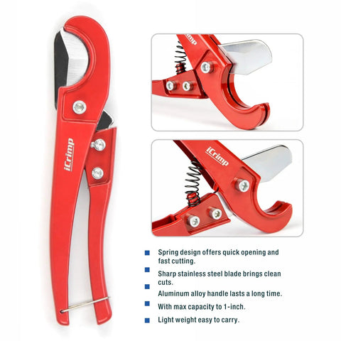 Red PEX Pipe Quick Cinch Tool Set For Stainless Steel Clamps Three Eighths Inch To One Inch With PEX Cutter in close-up view