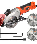 Side view of Yunirvana orange mini circular saw with laser guide, includes two 4-1/2 inch 24T blades and accessories.