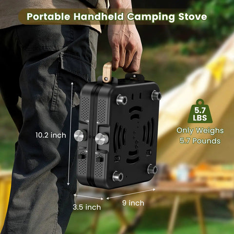 Person holding Two Burner Foldable Camp Stove With Dual Surface Griddle Textured And Smooth For Grilling And Breakfast On The Go