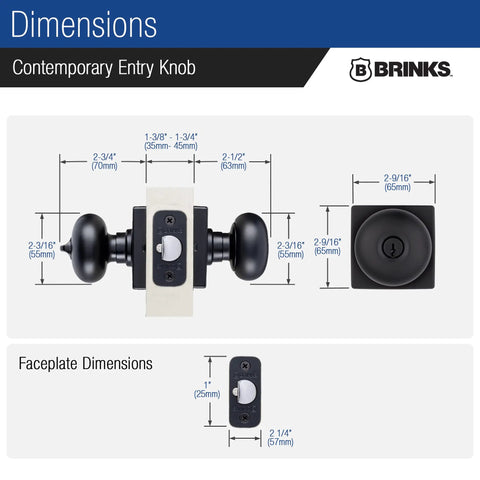 Diagram of Easy Install Keyed Entry Door Knob Set In Matte Black For Modern Homes showing dimensions and faceplate details