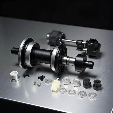 E Bike Hub Motor Axle Kit With 12mm Shaft Front Lock Nut Washer And Protective Cover components on a metal table