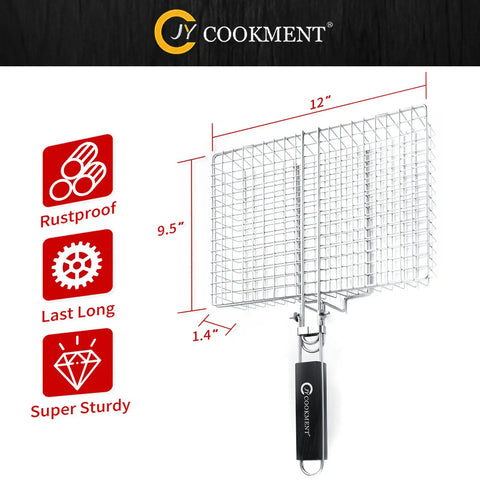 Stainless Steel Grill Basket With Portable Removable Handle For Veggies Shrimp Fish And Steak, Large 21 Inch Cooking Area.