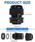 M25 Cable Gland Kit Four Pack Easy Install Waterproof Nylon Joint For Cable Fixing And Wiring Gland Replacement For Electrical Appliances Four Wire Holes 4 To 5mm Black, 47x33mm size