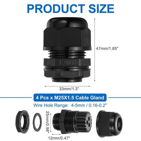 M25 Cable Gland Kit Four Pack Easy Install Waterproof Nylon Joint For Cable Fixing And Wiring Gland Replacement For Electrical Appliances Four Wire Holes 4 To 5mm Black, 47x33mm size