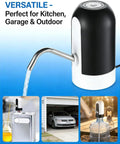 Handy Rechargeable Electric Fluid Pump For Water And Oil With Portable USB Dispenser transferring water with a stainless steel nozzle.