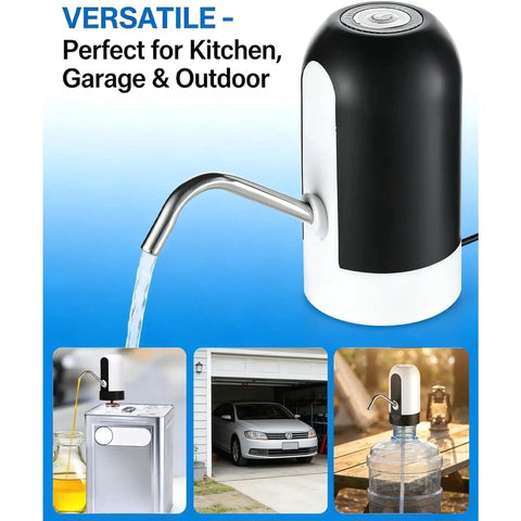Handy Rechargeable Electric Fluid Pump For Water And Oil With Portable USB Dispenser transferring water with a stainless steel nozzle.