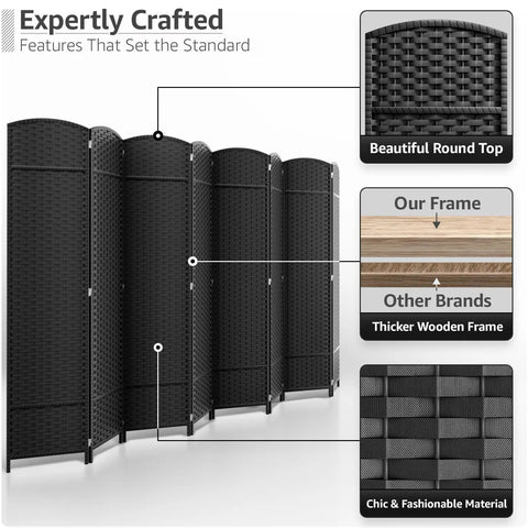 8 Panel Black Room Divider With Double Hinged Panels, 6 Ft Tall Folding Privacy Screen showcasing crafting details and material