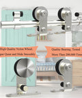Six Foot Sliding Barn Door Hardware Kit With Top Mount Stainless Steel Heavy Duty Track For Single Wood Door Smooth Quiet Glide Durable Sturdy Rails Easy Install T Style Barn Door System in a living room setting