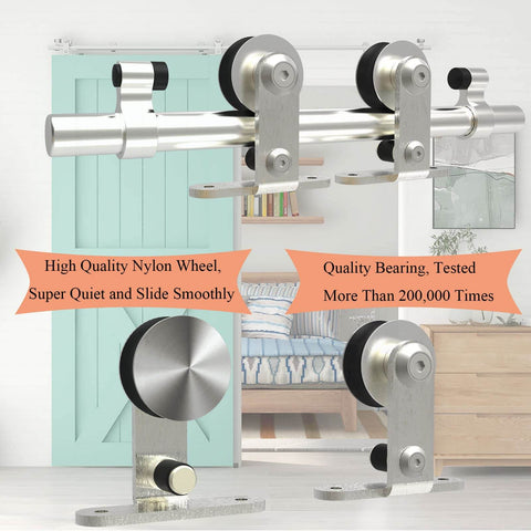 Six Foot Sliding Barn Door Hardware Kit With Top Mount Stainless Steel Heavy Duty Track For Single Wood Door Smooth Quiet Glide Durable Sturdy Rails Easy Install T Style Barn Door System in a living room setting