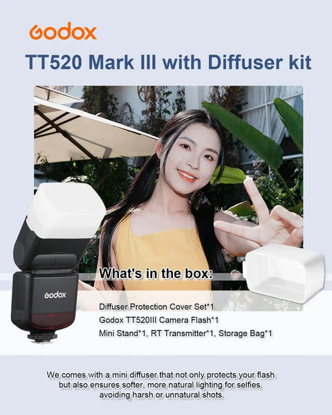 Promotional image of TT520III Universal Bounce Flash Kit With Diffuser and smiling woman demonstrating bounce flash setup.