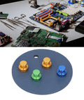 Magnetic Welding Bracket Set Soldering Holder for Circuit Boards With Four Magnetic Brackets and No Slip Clips Pro Grade Metal Fixed Plate for Precise Electronics Assembly and Repairs, shown with colorful magnets on plate and electronic components in background.