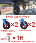 Kickass Heavy Duty Solid Rubber Caster Wheels Set Of 4 Industrial Swivel Plate Casters With Tapered Rollers Dual Wheel Brakes showing two locked and two unlocked caster wheels with steel mounting brackets.