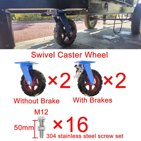 Kickass Heavy Duty Solid Rubber Caster Wheels Set Of 4 Industrial Swivel Plate Casters With Tapered Rollers Dual Wheel Brakes showing two locked and two unlocked caster wheels with steel mounting brackets.