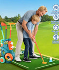 Adult helping child play with Toddler Golf Set With Putting Mat And Mini Golf Cart For Indoor And Outdoor Fun Lefty Friendly Putter