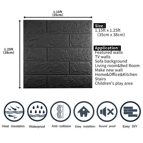 Black foam panel dimensions and usage guide, 1.15ft x 1.25ft, showing applications and features such as waterproof and soundproof.