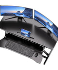 Top view of 32 Inch Standing Desk Converter With Dual Monitor Setup, Height Adjustable Sit To Stand Riser, black keyboard tray.