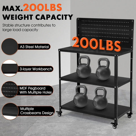 Beefy Heavy Duty Fifty Point Four Inch Steel Workbench with Pegboard and Lockable Rolling Wheels shown with weights.