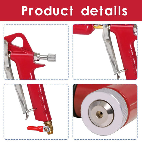 Professional Air Texture Spray Gun With 1.5 Gallon Hopper And Three Easy Swap Nozzles close-up of valve and nozzle details.