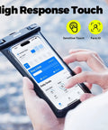 Universal Waterproof Phone Case Dry Bag Two Pack IPX8 fits phone, used by person checking steps, showing high response touch feature.