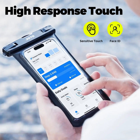 Universal Waterproof Phone Case Dry Bag Two Pack IPX8 fits phone, used by person checking steps, showing high response touch feature.