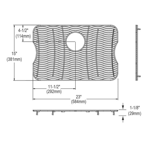 Technical diagram of Bottom Grid For Elkay Sinks, Stainless Steel 23 By 15 Inch, 1-1/8 Inch Deep, showing dimensions and shape.