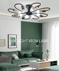 Eight Light Dope Semi Flush Ceiling Light Sputnik Style Chandelier Modern Mid Century Industrial Vintage Metal Pendant Lighting Fixture For Kitchen Dining Living Room Bedroom Black And Gold in living room setting.