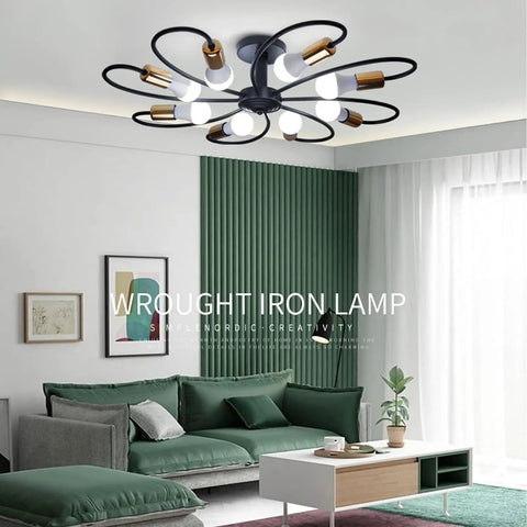 Eight Light Dope Semi Flush Ceiling Light Sputnik Style Chandelier Modern Mid Century Industrial Vintage Metal Pendant Lighting Fixture For Kitchen Dining Living Room Bedroom Black And Gold in living room setting.