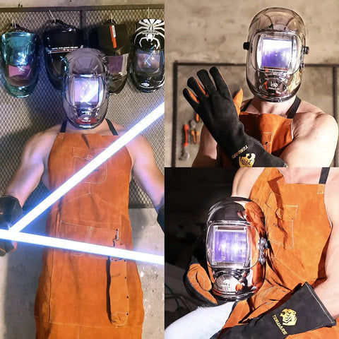 Person wearing Auto Darkening Solar Powered Welding Helmet With Ultra Large Viewing Screen And True Color Hemispherical Enclosure 4C Lens