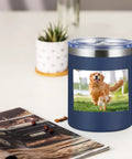 Custom 12oz Stainless Steel Tumbler With Lid, Double Wall Vacuum Insulated Cup For Office And Gym, Personalized With Photo Logo Or Text, Keeps Drinks Hella Cold, Navy Bulk Sip Gear Set with a dog photo design on a desk.